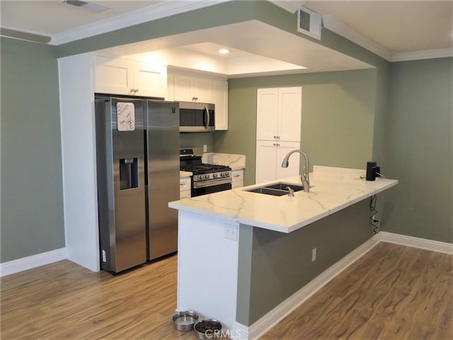 kitchen featuring appliances with stainless steel finishes, white cabinetry, sink, kitchen peninsula, and light wood-type flooring