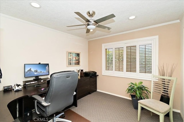 office featuring ceiling fan, carpet, crown molding, and a textured ceiling