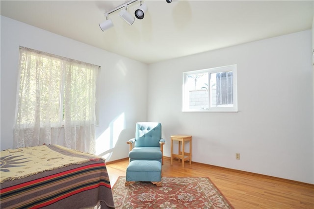 bedroom featuring light hardwood / wood-style flooring and rail lighting