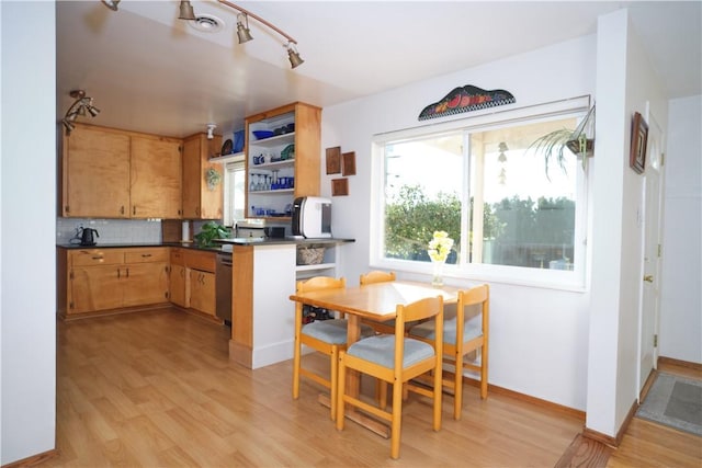 kitchen with light hardwood / wood-style floors, plenty of natural light, backsplash, and dishwasher