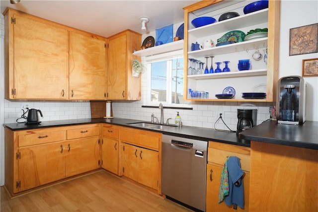 kitchen featuring light wood-type flooring, dishwasher, tasteful backsplash, and sink