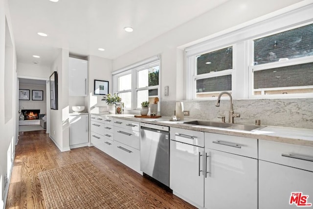 kitchen featuring stainless steel dishwasher, a large fireplace, sink, white cabinetry, and dark wood-type flooring