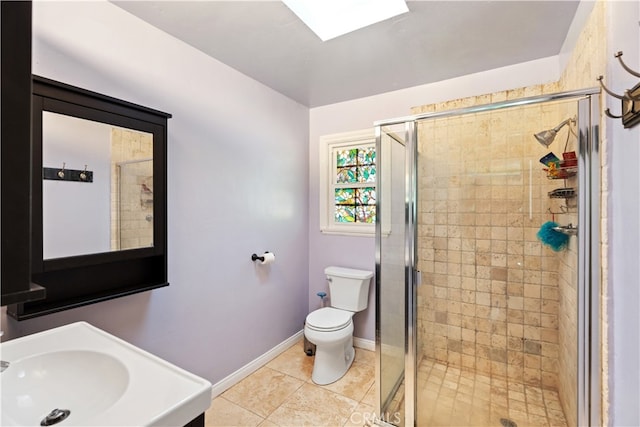 bathroom featuring tile patterned floors, toilet, a shower with shower door, and sink