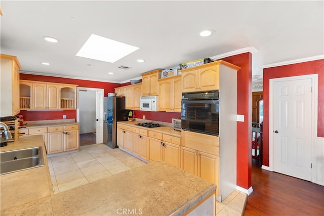 kitchen with light brown cabinetry, sink, a skylight, and black appliances