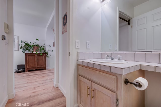 bathroom with backsplash, hardwood / wood-style flooring, and vanity