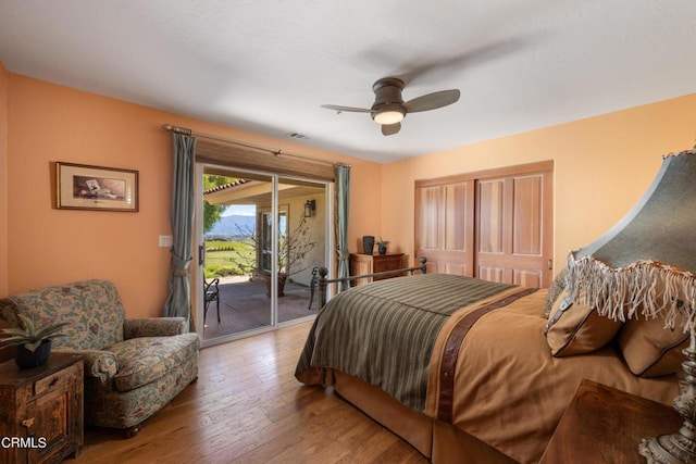 bedroom with access to outside, ceiling fan, and light hardwood / wood-style floors