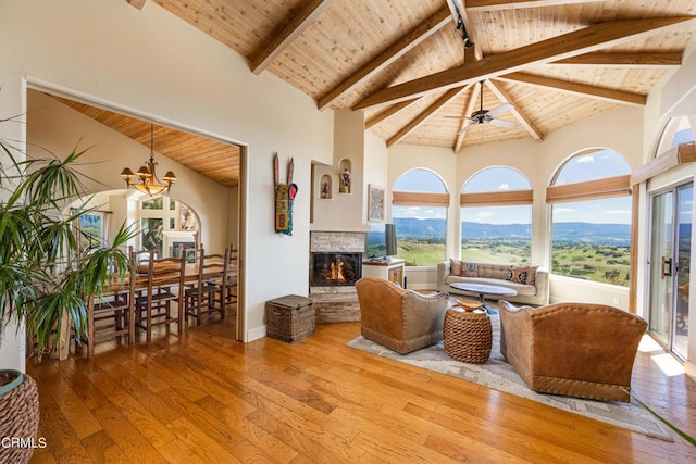 living room with wood ceiling, light hardwood / wood-style floors, and beam ceiling