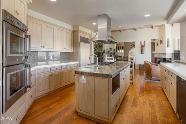 kitchen with backsplash, island exhaust hood, light hardwood / wood-style flooring, a kitchen island with sink, and stainless steel appliances