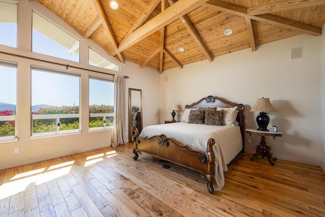 bedroom featuring high vaulted ceiling, beamed ceiling, wood ceiling, and light wood-type flooring