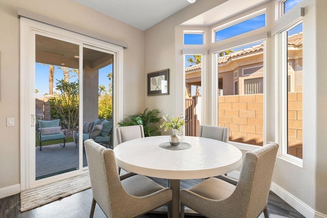 dining space featuring dark wood-type flooring