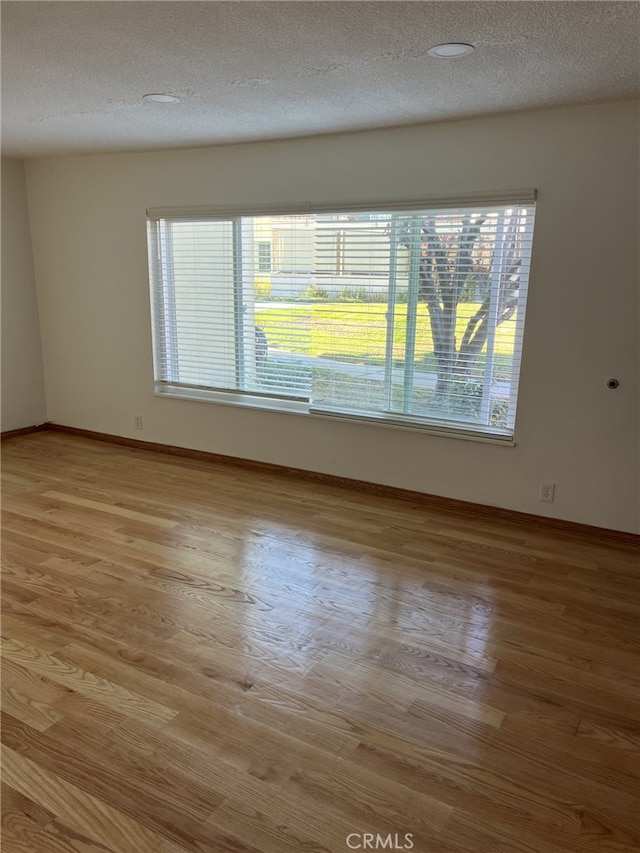 empty room featuring a textured ceiling and light hardwood / wood-style floors