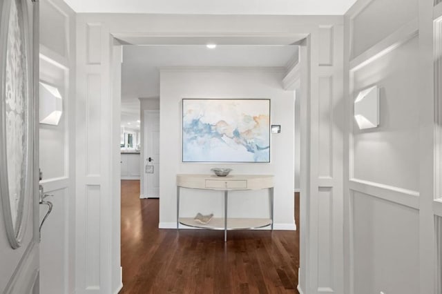 hallway with dark hardwood / wood-style flooring and crown molding