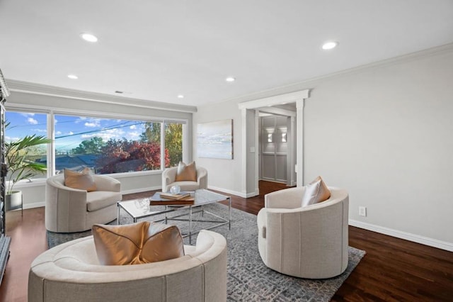 living room with ornamental molding and dark wood-type flooring