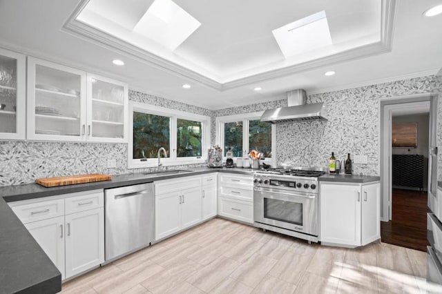 kitchen with a raised ceiling, sink, white cabinets, stainless steel appliances, and wall chimney exhaust hood