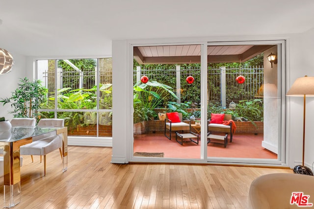 entryway with floor to ceiling windows and light wood-type flooring