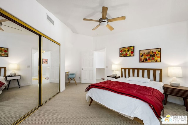 bedroom featuring light carpet, ceiling fan, and a closet