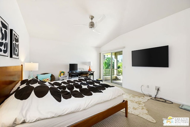 carpeted bedroom with access to outside, ceiling fan, and vaulted ceiling