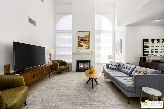 living room featuring light tile patterned floors