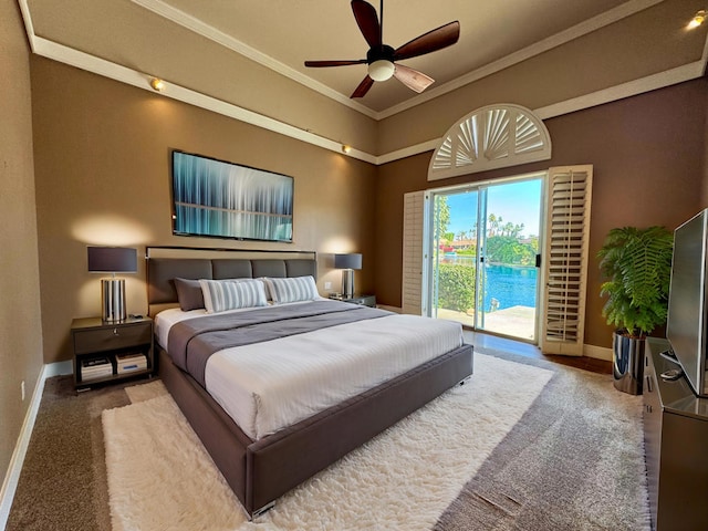 bedroom featuring ceiling fan, access to exterior, ornamental molding, and carpet flooring