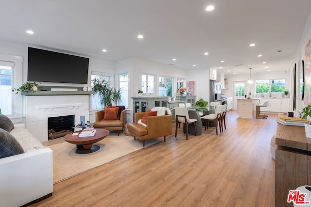 living room with light wood-type flooring and a stone fireplace