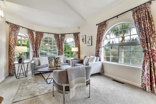 living area featuring carpet floors, a healthy amount of sunlight, and vaulted ceiling