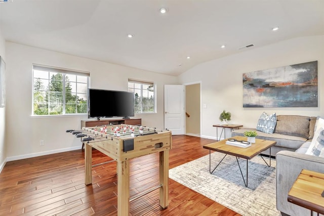 living room with wood-type flooring and lofted ceiling