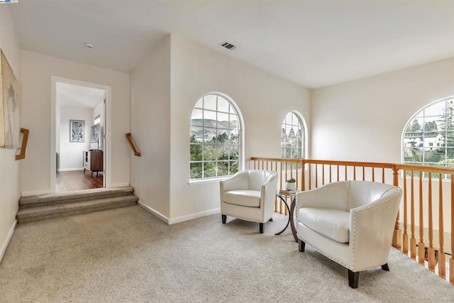 sitting room featuring light carpet