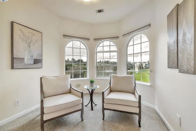 sitting room featuring light carpet