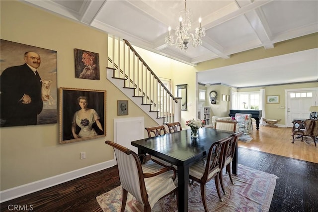 dining area with hardwood / wood-style flooring, beamed ceiling, and coffered ceiling