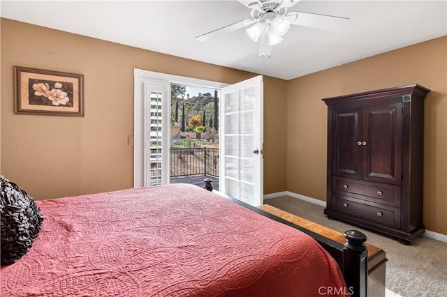 carpeted bedroom featuring ceiling fan and access to exterior