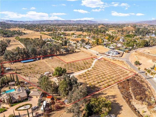 drone / aerial view featuring a mountain view