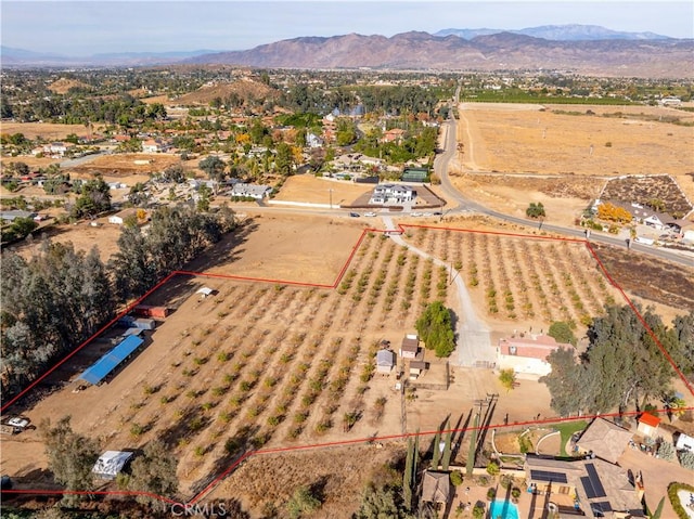 birds eye view of property featuring a rural view and a mountain view