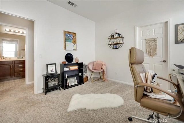 office space featuring light carpet and sink