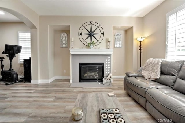 living room featuring light wood-type flooring, a tiled fireplace, and plenty of natural light