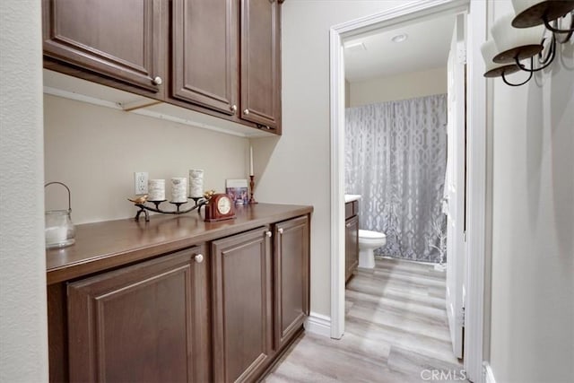 bar featuring dark brown cabinets and light hardwood / wood-style flooring