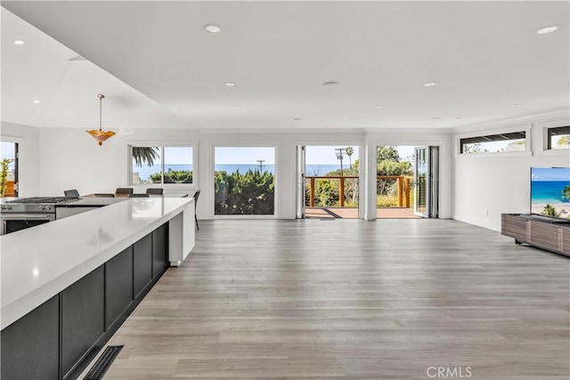 kitchen with hanging light fixtures, light wood-type flooring, and high end stainless steel range oven