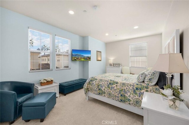 bedroom with light colored carpet