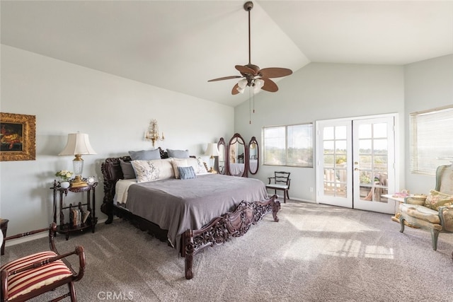 bedroom featuring access to outside, vaulted ceiling, ceiling fan, and carpet flooring