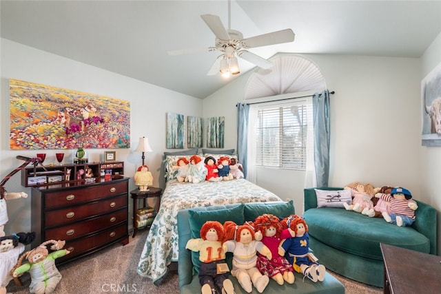 carpeted bedroom featuring lofted ceiling and ceiling fan