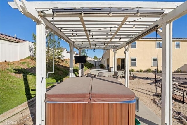 view of patio featuring a hot tub