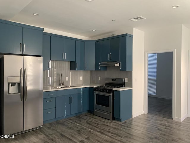 kitchen featuring sink, appliances with stainless steel finishes, and blue cabinets