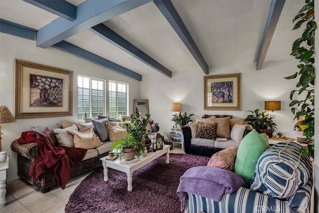 living room with light tile patterned floors and beamed ceiling