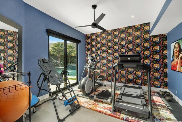 exercise area with ceiling fan