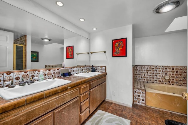 bathroom with vanity, decorative backsplash, and independent shower and bath