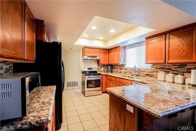 kitchen with kitchen peninsula, appliances with stainless steel finishes, a raised ceiling, light stone countertops, and sink