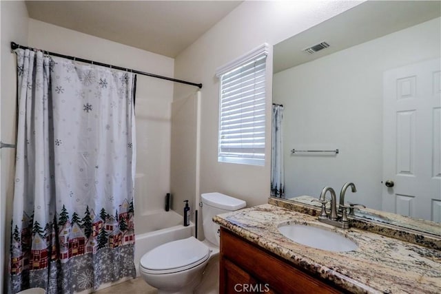 full bathroom featuring toilet, vanity, and shower / bathtub combination with curtain