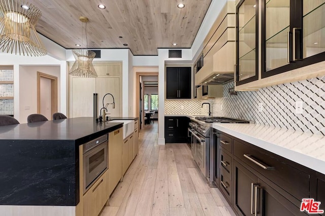 kitchen featuring double oven range, hanging light fixtures, a kitchen island with sink, wood ceiling, and light wood-type flooring