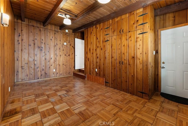 unfurnished room with wooden ceiling, beam ceiling, wood walls, and light parquet floors