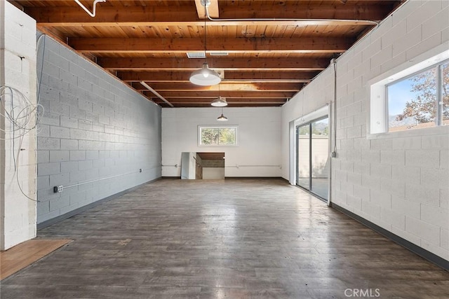 interior space with wooden ceiling, dark hardwood / wood-style flooring, and beamed ceiling