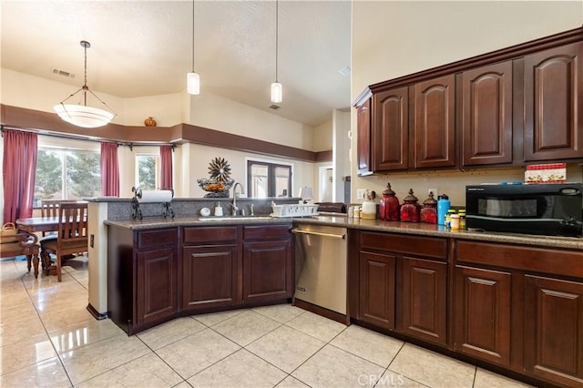 kitchen featuring kitchen peninsula, light tile patterned flooring, hanging light fixtures, stainless steel dishwasher, and sink